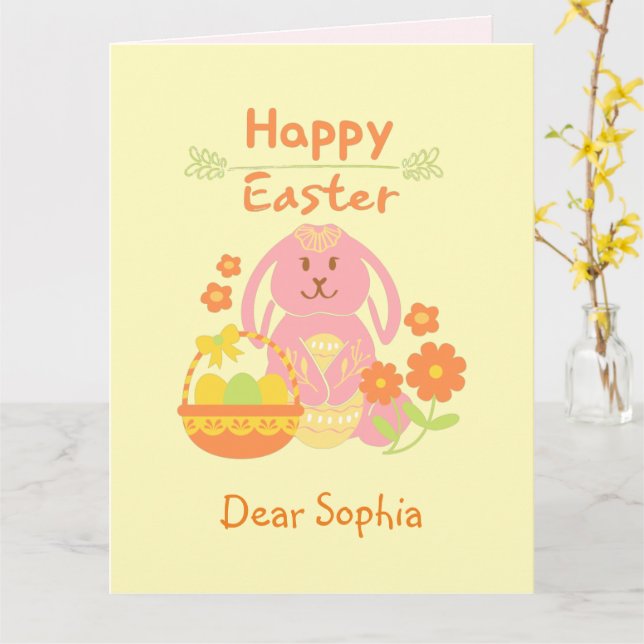 Happy Easter Pink Rabbit and Flowers   Card (Yellow Flower)