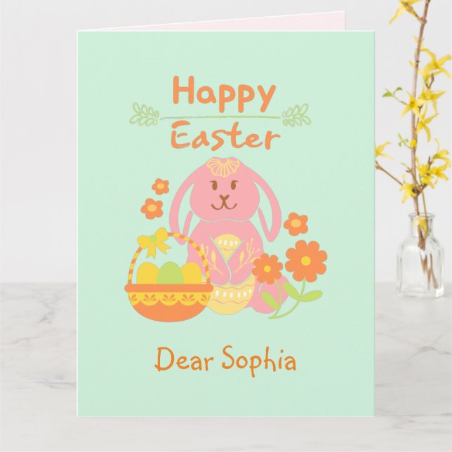 Happy Easter Pink Rabbit and Flowers   Card (Yellow Flower)