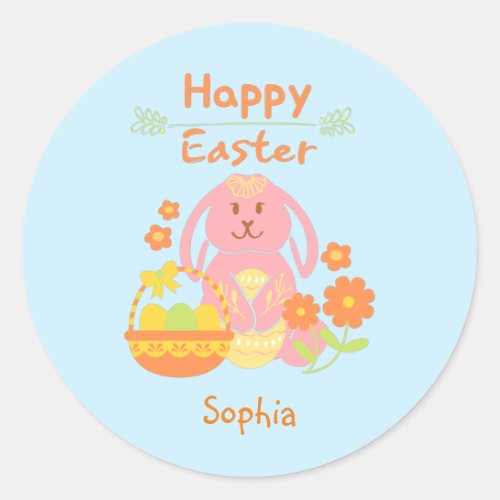 Happy Easter Pink Rabbit and Flowers   Classic Rou Classic Round Sticker