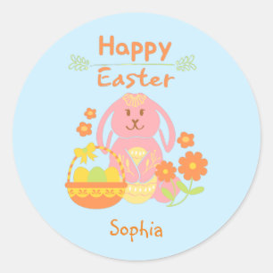 Happy Easter Pink Rabbit and Flowers Classic Rou Round Sticker