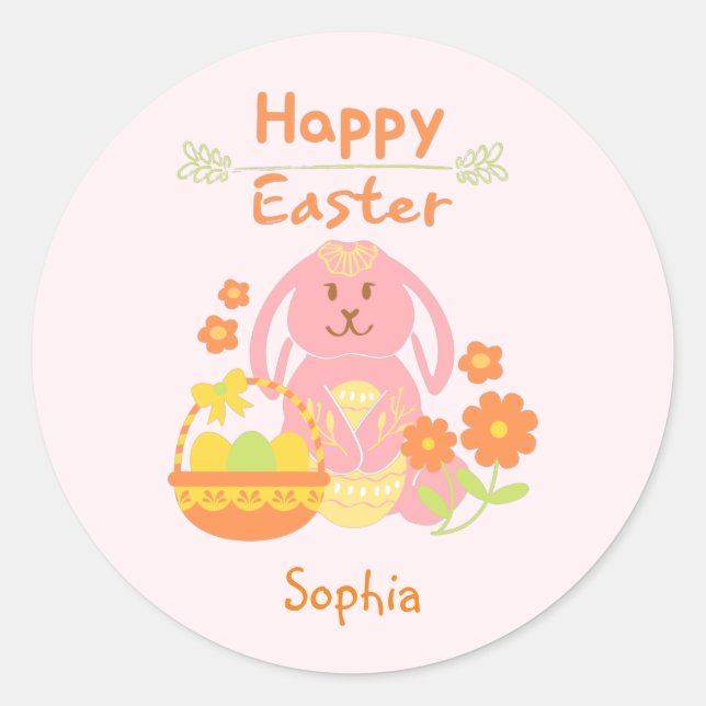 Happy Easter Pink Rabbit and Flowers   Classic Round Sticker (Front)