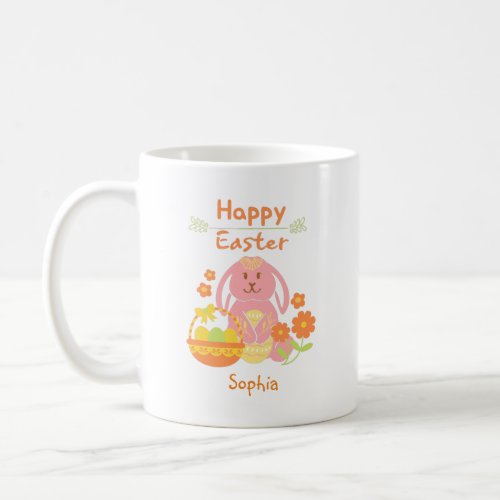 Happy Easter Pink Rabbit and Flowers Coffee Mug