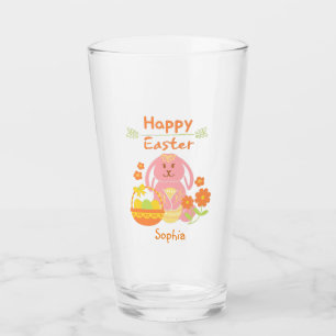 Happy Easter Pink Rabbit and Flowers Glass