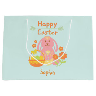 Happy Easter Pink Rabbit and Flowers Large Gift Bag