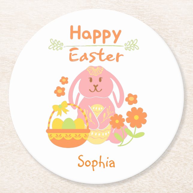 Happy Easter Pink Rabbit and Flowers   Round Paper Coaster (Front)