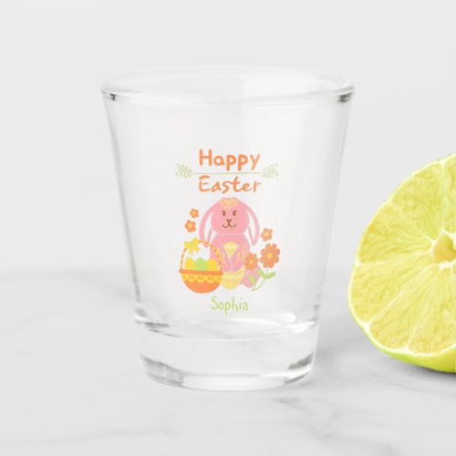 Happy Easter Pink Rabbit and Flowers Shot Glass