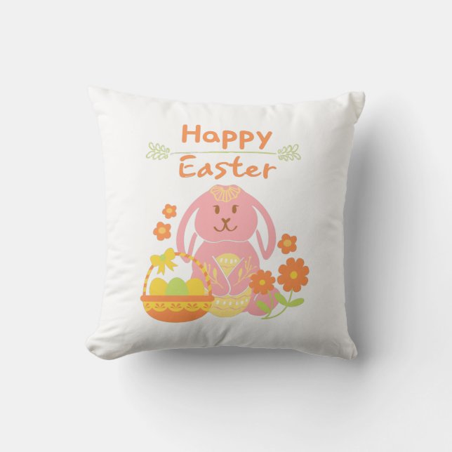 Happy Easter Pink Rabbit and Flowers Throw Pillow (Front)