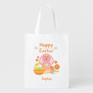 Happy Easter Pink Rabbit and Flowers   Tote Bag