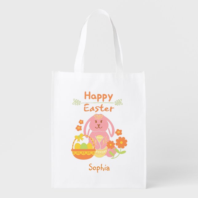 Happy Easter Pink Rabbit and Flowers   Tote Bag (Front)