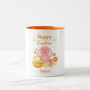 Happy Easter Pink Rabbit and Flowers    Two-Tone Coffee Mug