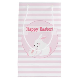 Happy Easter | Pink Striped - Mother & Baby Bunny Small Gift Bag