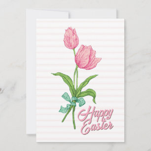 Happy Easter Pink Tulip Flower Bow Stripes Spring Holiday Card