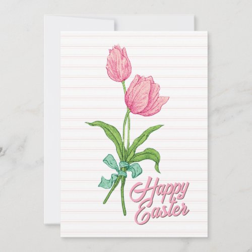 Happy Easter Pink Tulip Flower Bow Stripes Spring  Holiday Card