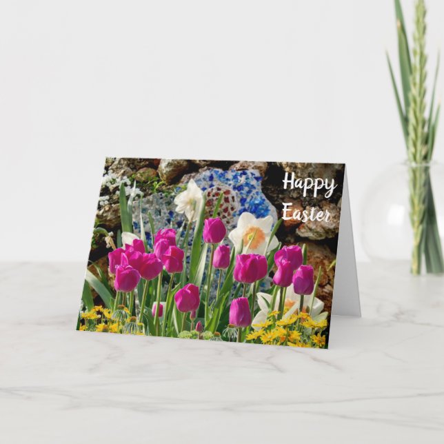 Happy Easter Pink Tulip Folded Holiday Card (Front)