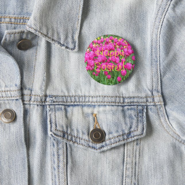 Happy Easter Pink Tulip Garden Floral Pinback Button (In Situ)