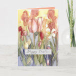Happy Easter Pink Tulips Daffodil Watercolor Card