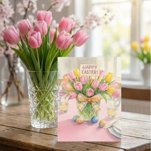 Happy Easter Pink Tulips Family Greeting Card (Charming Easter postcard enlarged to show beauty and detail.  Personalize message on backside)