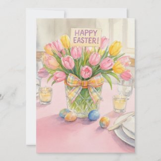 Happy Easter Pink Tulips Family Greeting Card