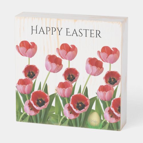 Happy Easter Pink Tulips Floral Photography Wooden Box Sign