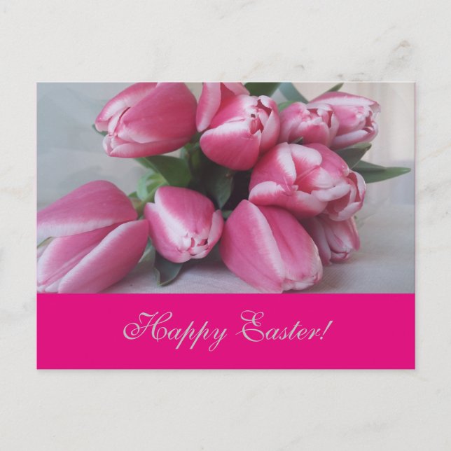 Happy Easter Pink Tulips Flower Bouquet Card (Front)