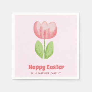 Happy Easter! Pink Watercolor Tulip - Easter  Napkins