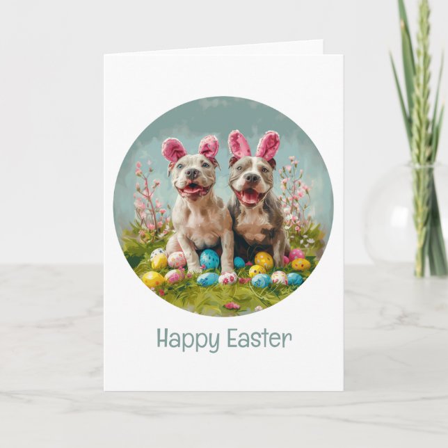 Happy Easter Pit Bull Dogs Holiday Card (Front)