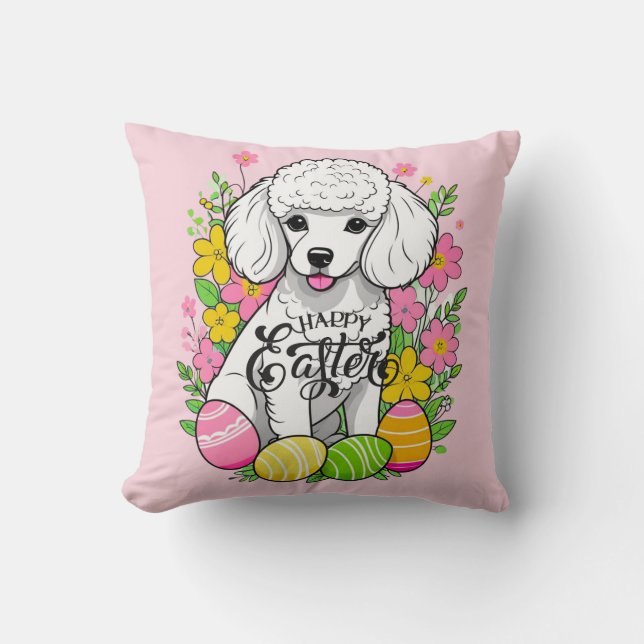 Happy Easter Poodle Throw Pillow (Front)