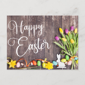 Happy Easter Postcard Wood Background Flowers
