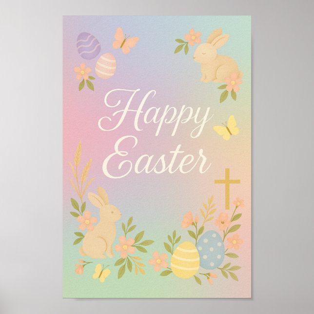 Happy Easter Poster | Pastel Bunny Wall Art (Front)