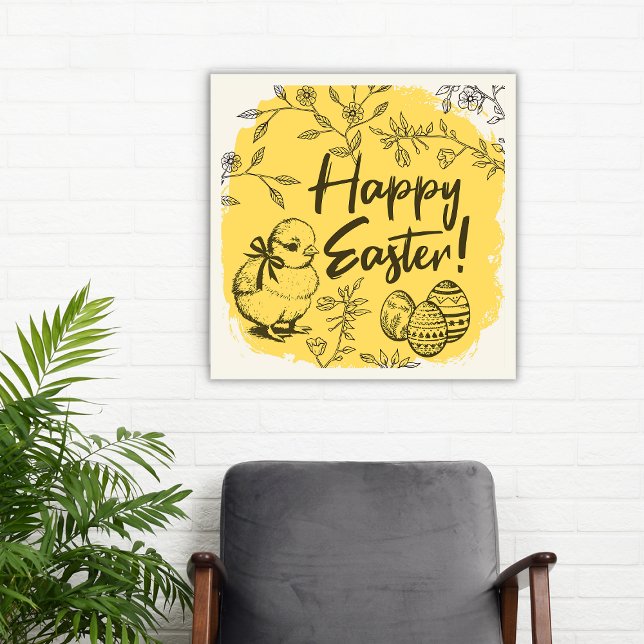 Happy Easter Poster Yellow Spring Home Decor (Floral Line Art Yellow Chick Eggs Happy Easter Poster)