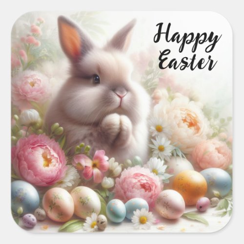 Happy Easter Praying Easter Bunny Square Sticker