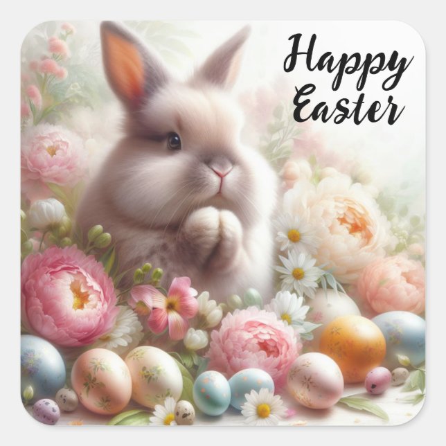 Happy Easter, Praying Easter Bunny Square Sticker (Front)