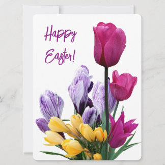 Happy Easter pretty pink tulips yellow floral love Holiday Card