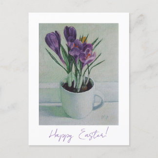 Happy Easter pretty purple crocus floral fine art Postcard
