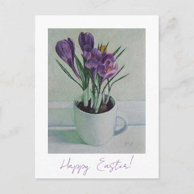 Happy Easter pretty purple crocus floral fine art  Postcard (Front)