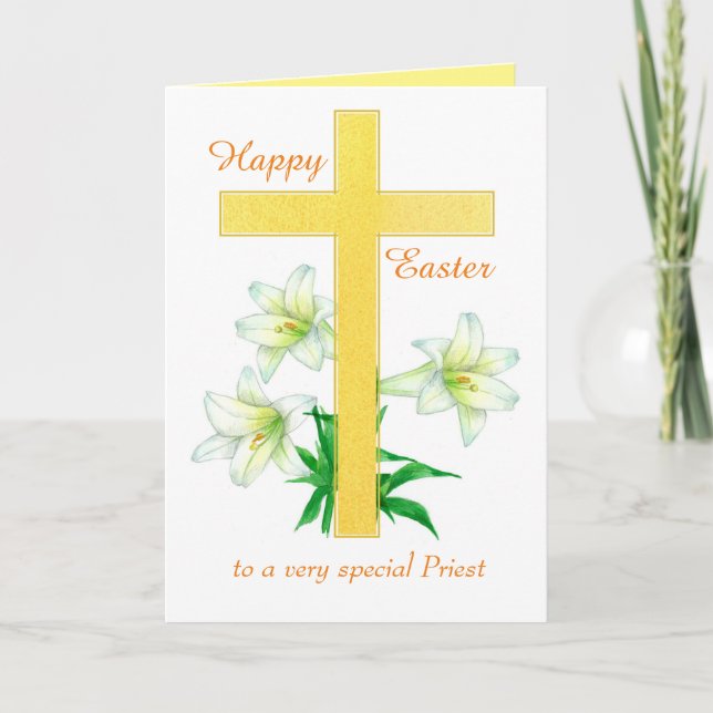 Happy Easter Priest Cross White Lily Flowers Card (Front)