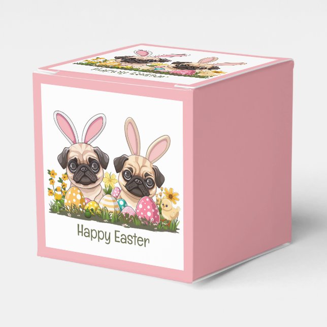 Happy Easter Pug Dogs Bunny Ears Favor Boxes (Front Side)