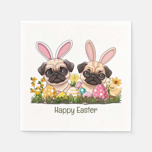 Happy Easter Pug Dogs Bunny Ears Napkins (Front)