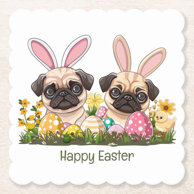 Happy Easter Pug Dogs Bunny Ears Paper Coaster (Front)