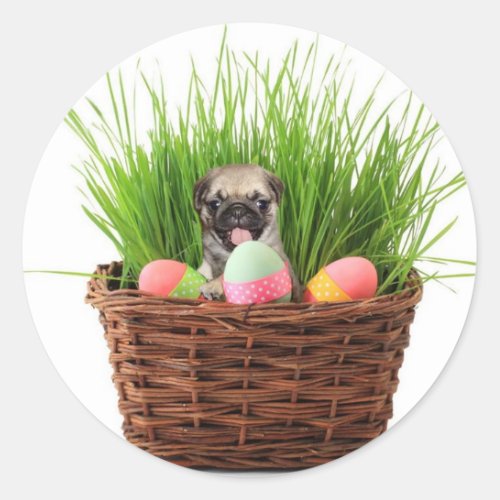 Happy Easter pug puppy Classic Round Sticker