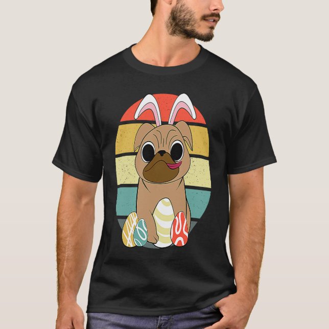 Happy Easter Pug Wearing Bunny Ear Pug T-Shirt (Front)