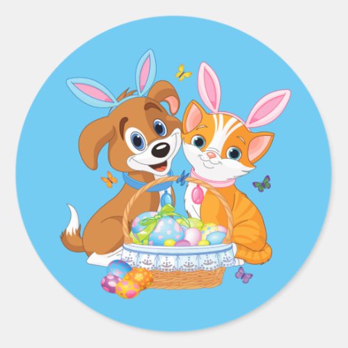 Happy Easter Puppy and Kitten Classic Round Sticker