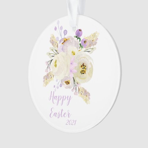 Happy Easter Purple and White Flowers Ornament