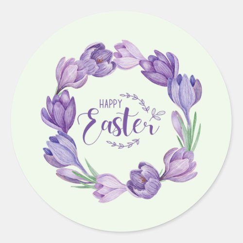Happy Easter Purple Crocus Flower Wreath  Classic Round Sticker