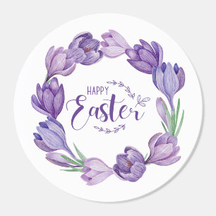 Happy Easter Purple Crocus Flower Wreath Classic Round Sticker