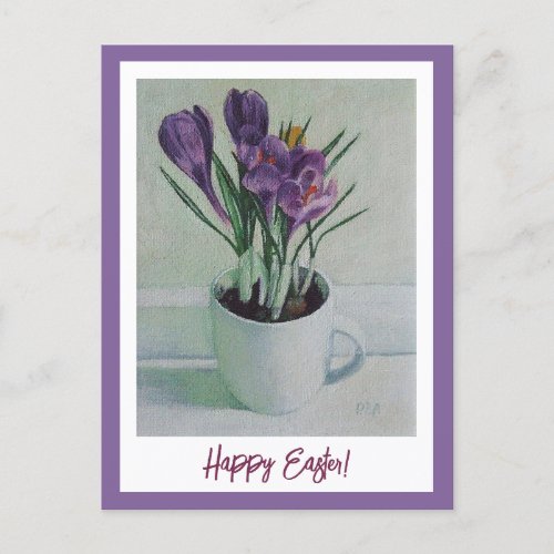 Happy Easter purple crocuses vintage fine art  Postcard