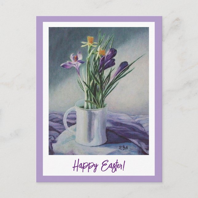 Happy Easter purple crocuses vintage fine art  Postcard (Front)