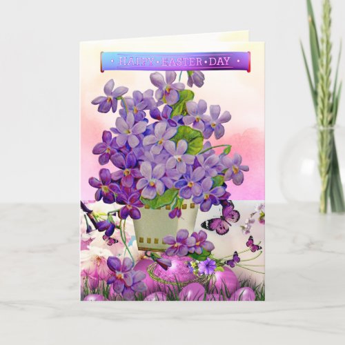 Happy Easter Purple Violets  Eggs Easter  Holiday Card