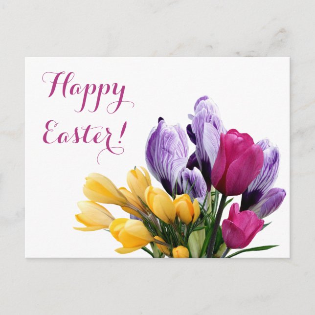 Happy Easter purple yellow crocus pink tulip cute Holiday Postcard (Front)