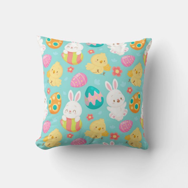 Happy Easter Rabbit And Chicken Throw Pillow (Front)
